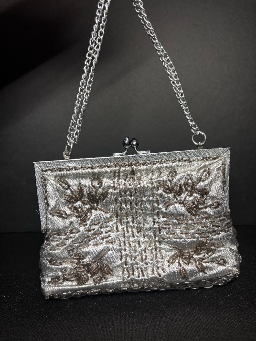Vintage Walborg Silver Beaded Lame Evening Clutch Bag w/ Chain Strap